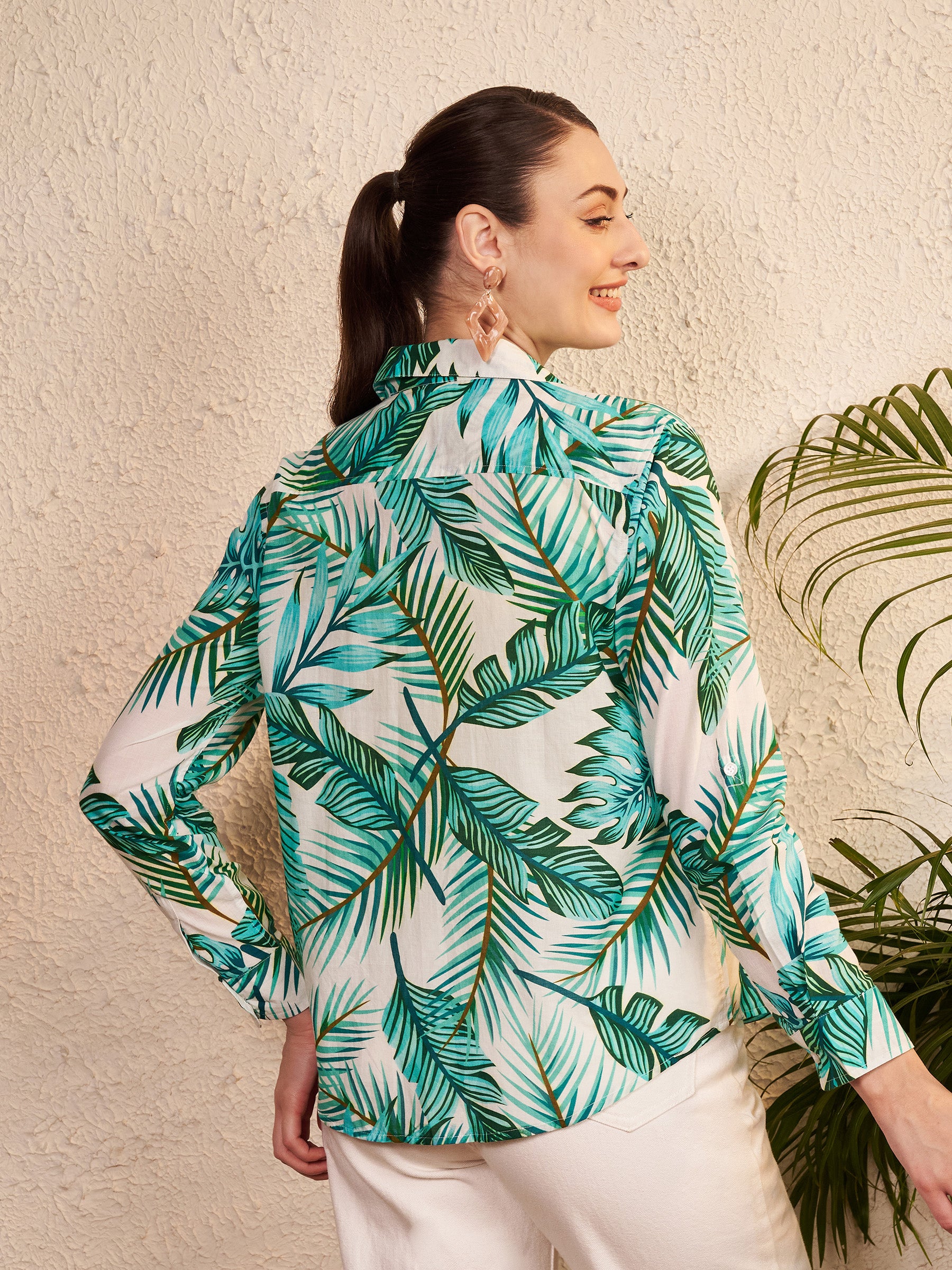 Green Tropical Print Shirt with Striped Placket