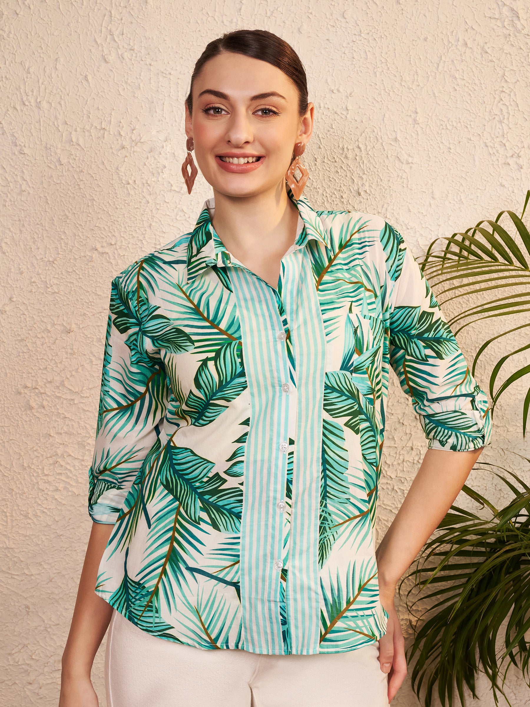 Green Tropical Print Shirt with Striped Placket