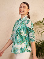 Green Tropical Print Shirt with Striped Placket