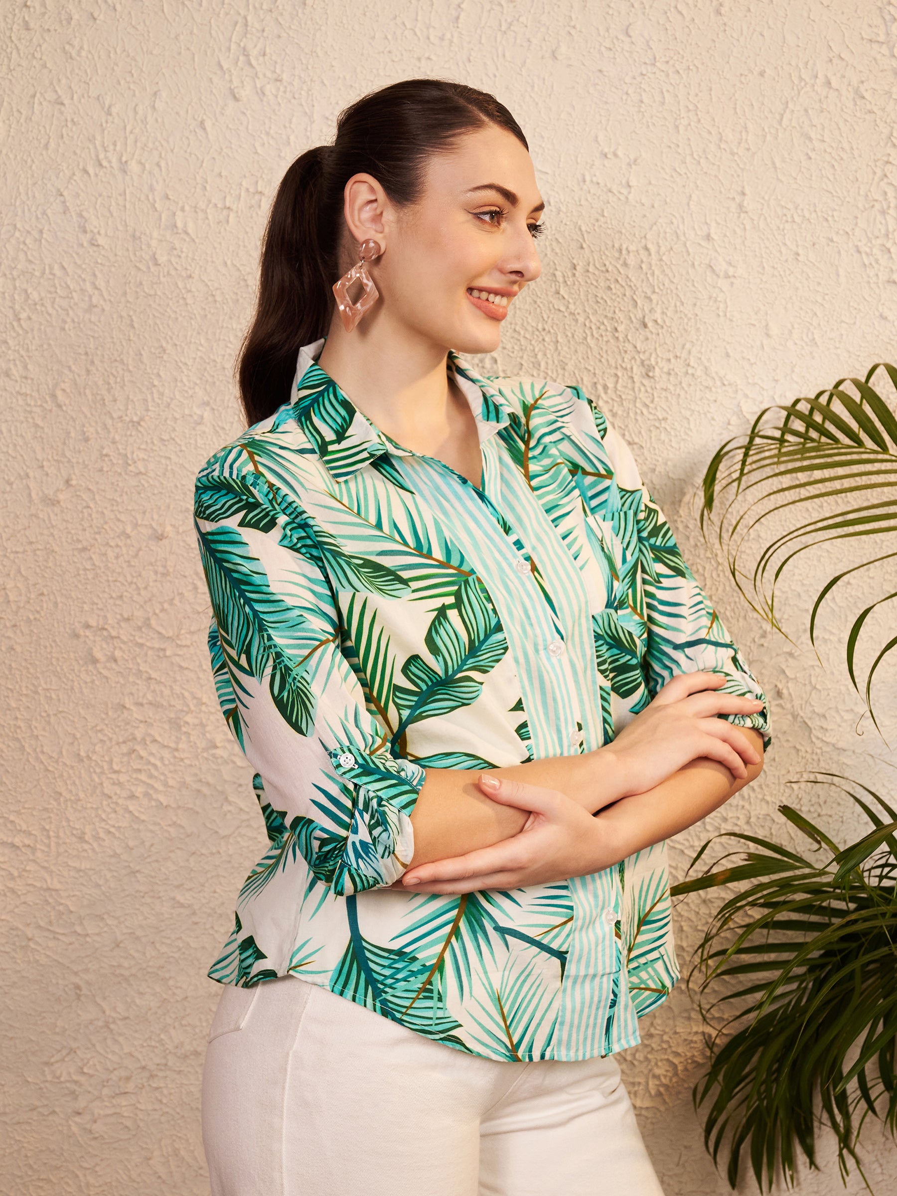 Green Tropical Print Shirt with Striped Placket