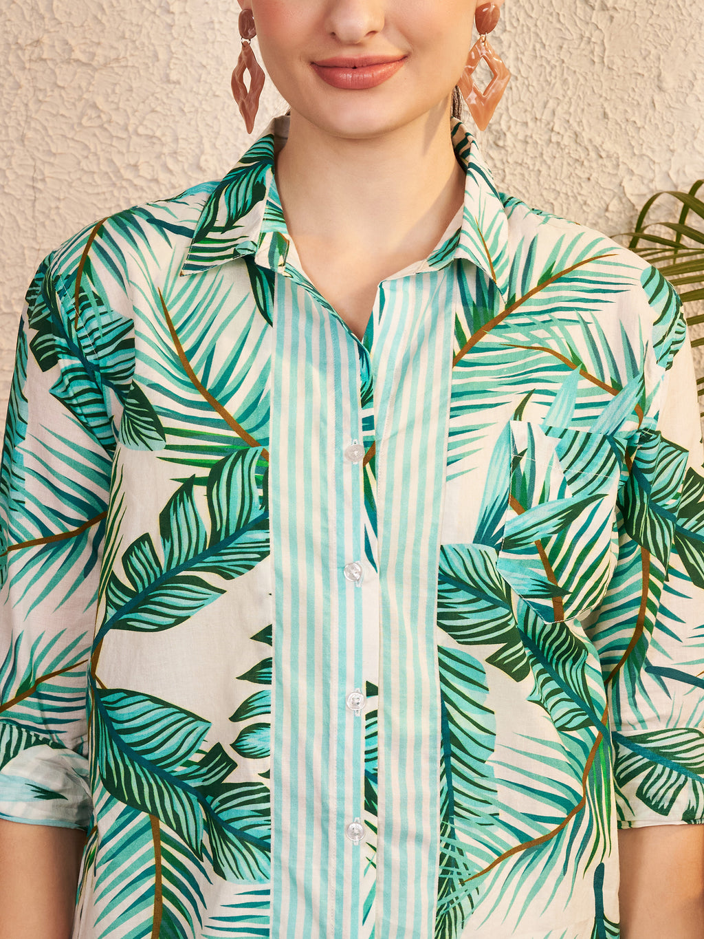 Green Tropical Print Shirt with Striped Placket