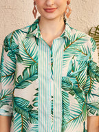 Green Tropical Print Shirt with Striped Placket