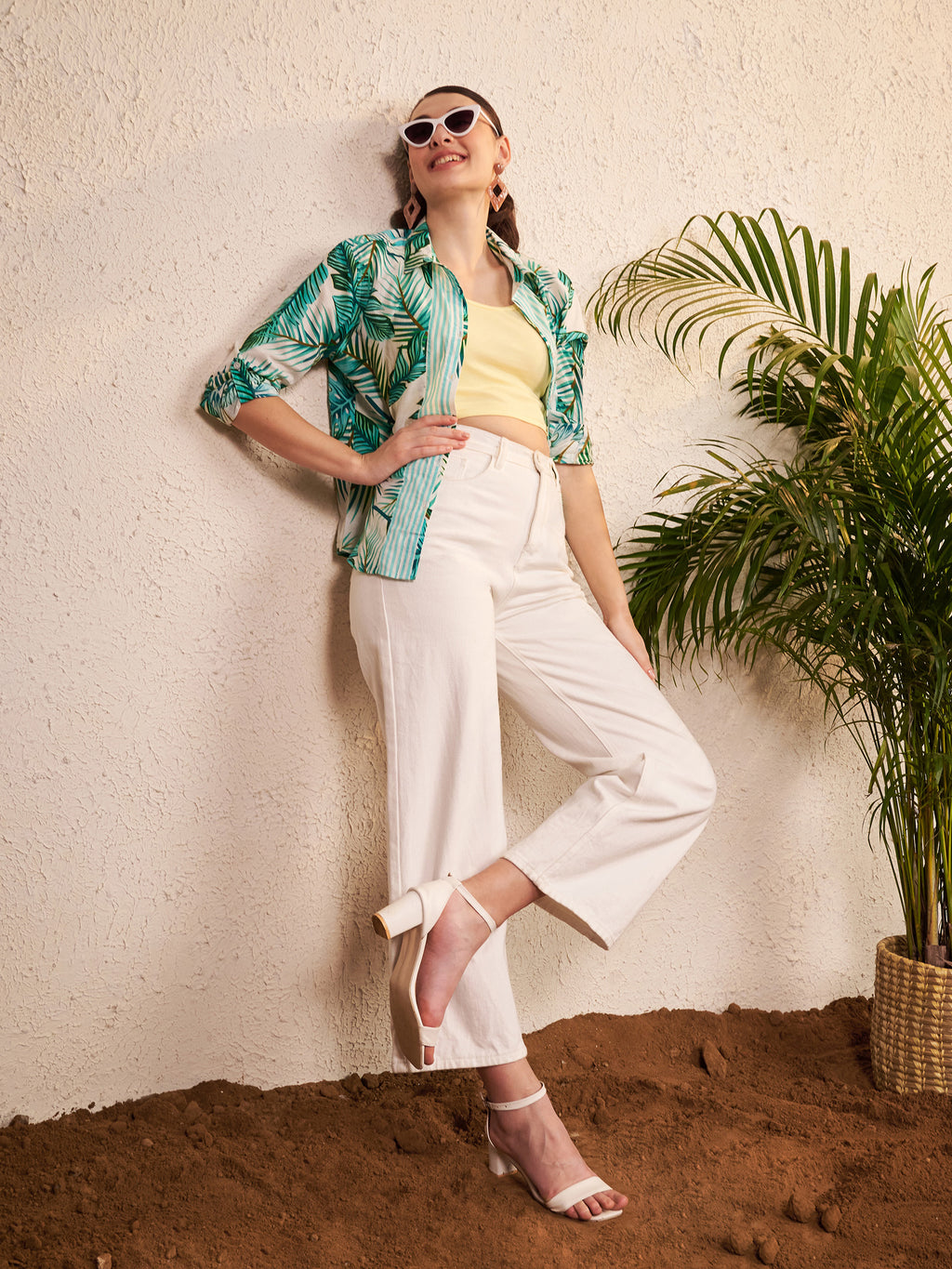 Green Tropical Print Shirt with Striped Placket