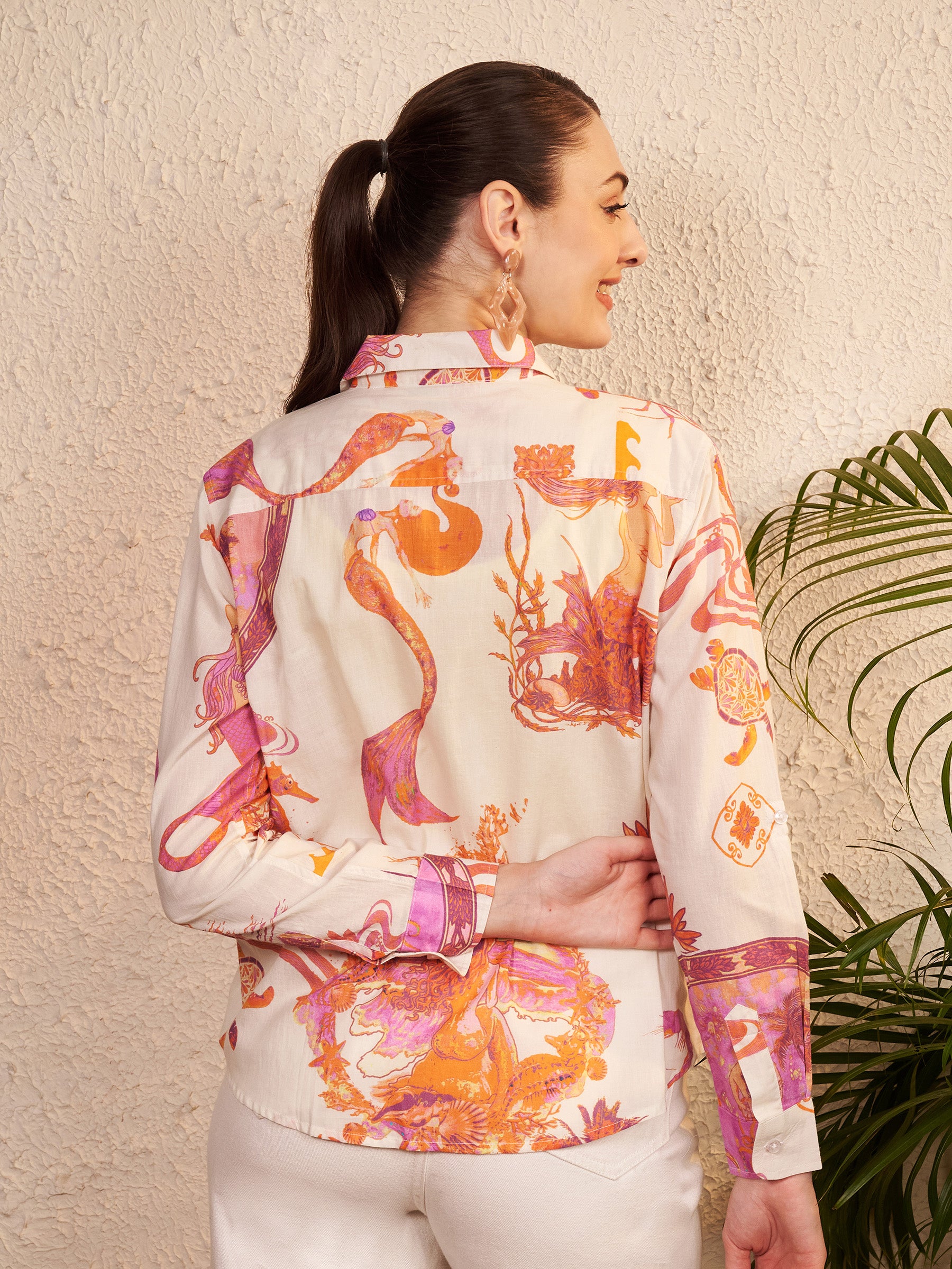 Cream Abstract & Motif Printed Shirt with Contrast Placket