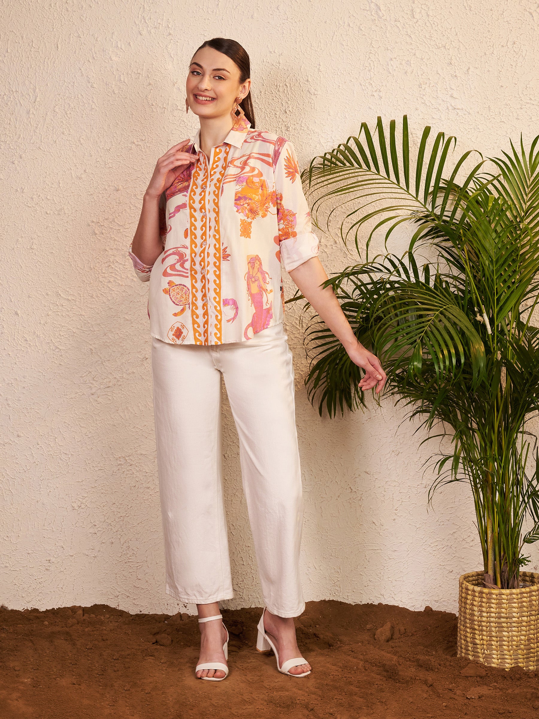 Cream Abstract & Motif Printed Shirt with Contrast Placket