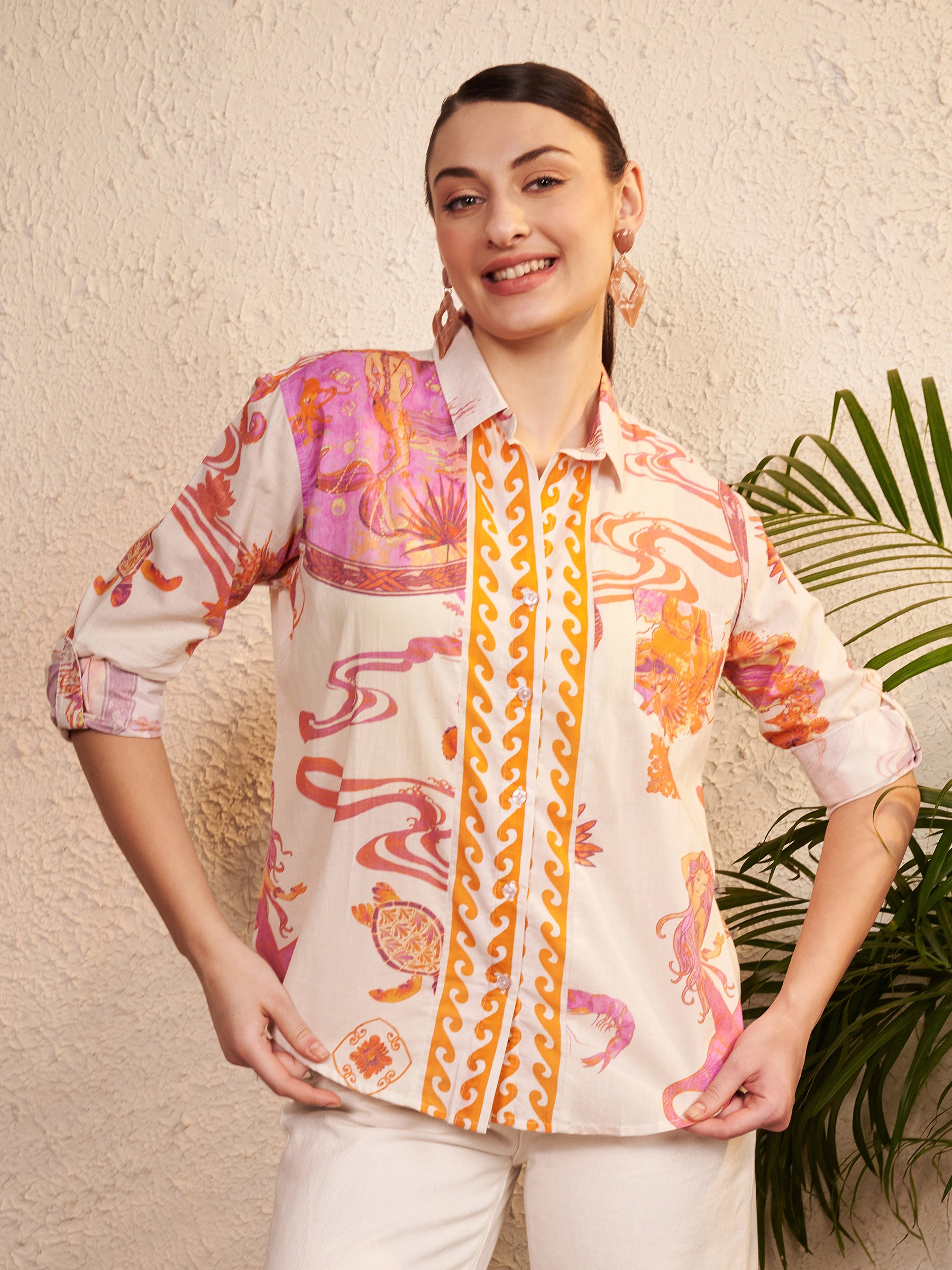 Cream Abstract & Motif Printed Shirt with Contrast Placket