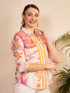 Cream Abstract & Motif Printed Shirt with Contrast Placket