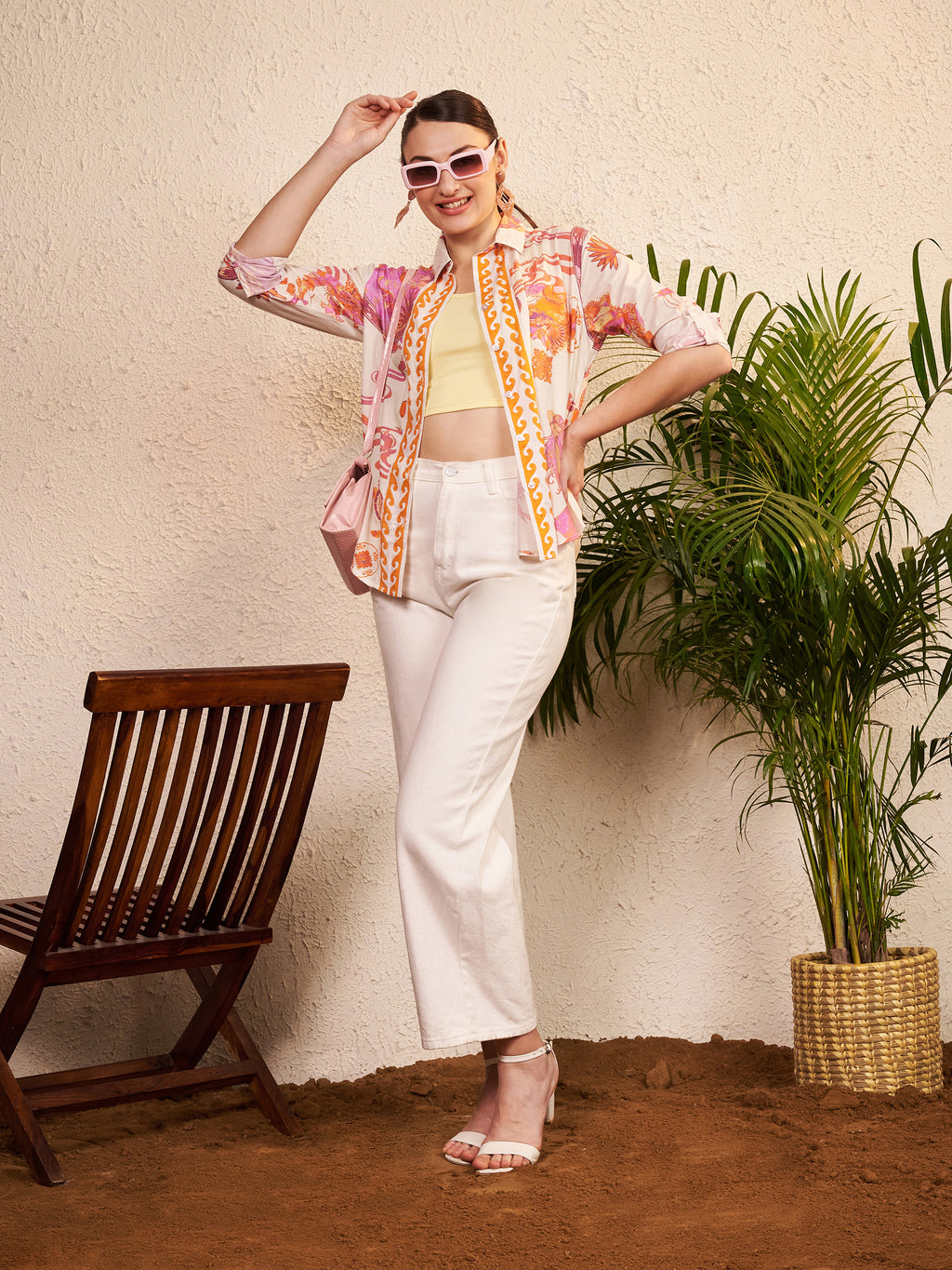 Cream Abstract & Motif Printed Shirt with Contrast Placket