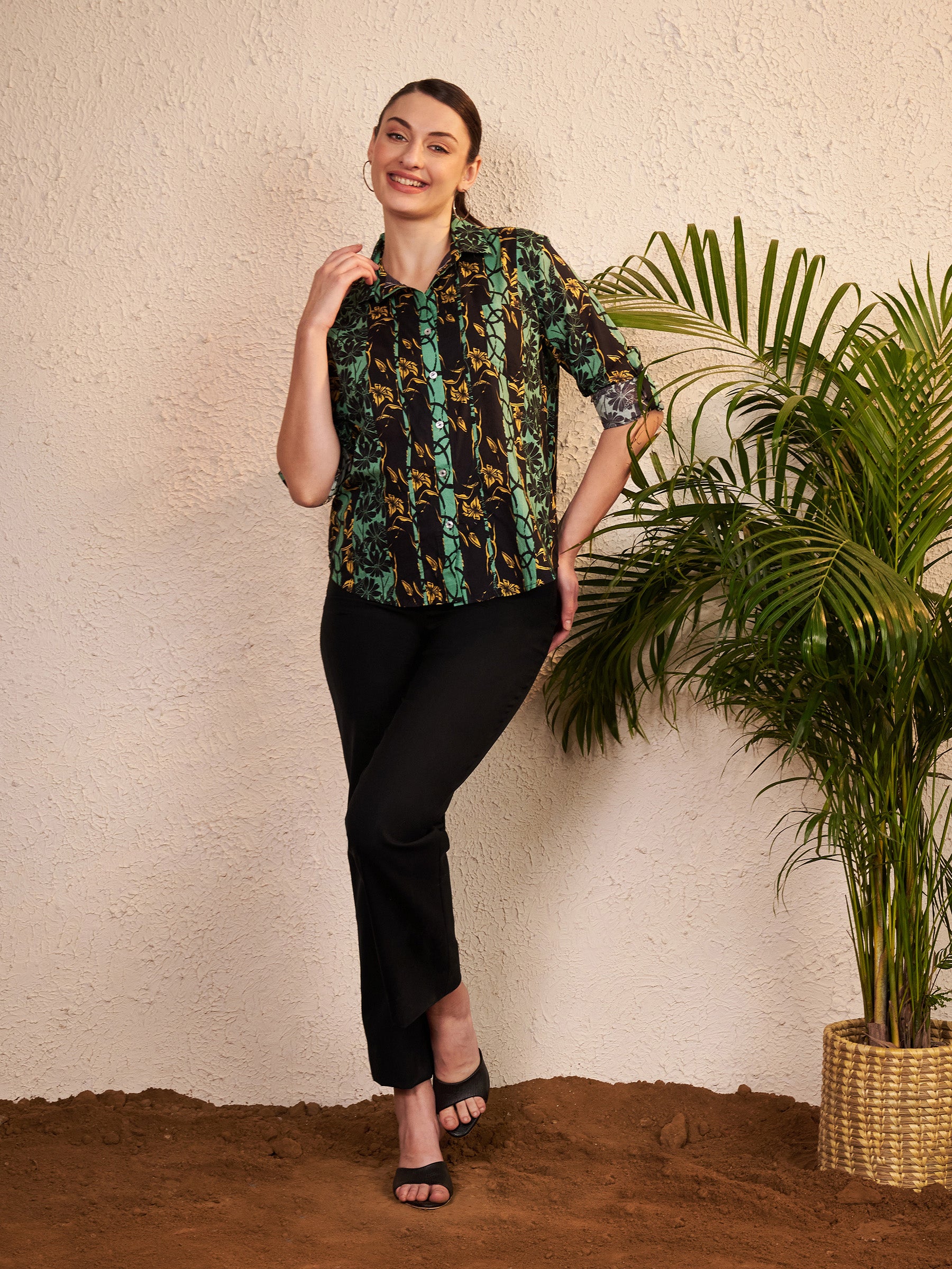 Green & Black Printed Button-Down Shirt
