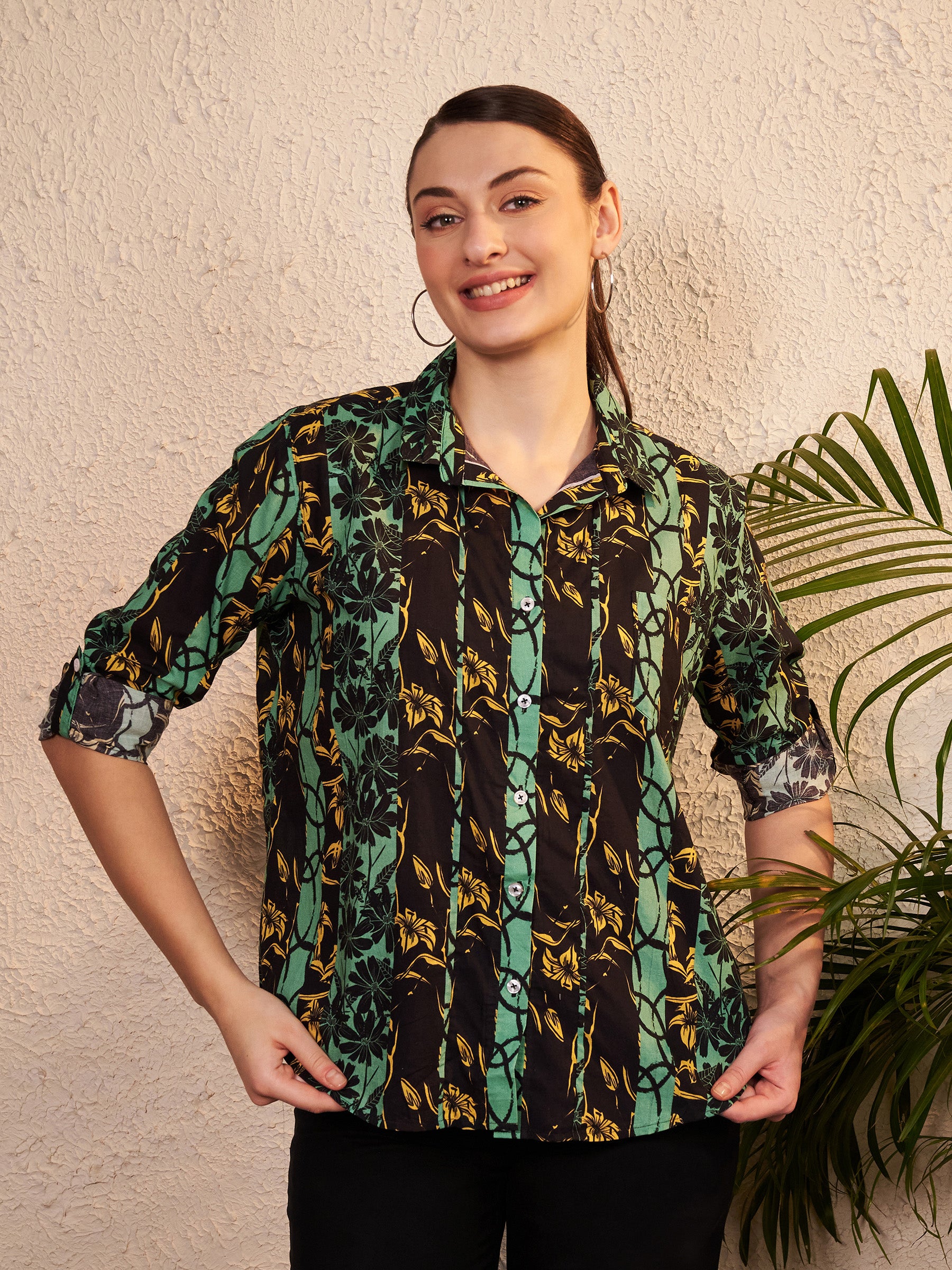 Green & Black Printed Button-Down Shirt