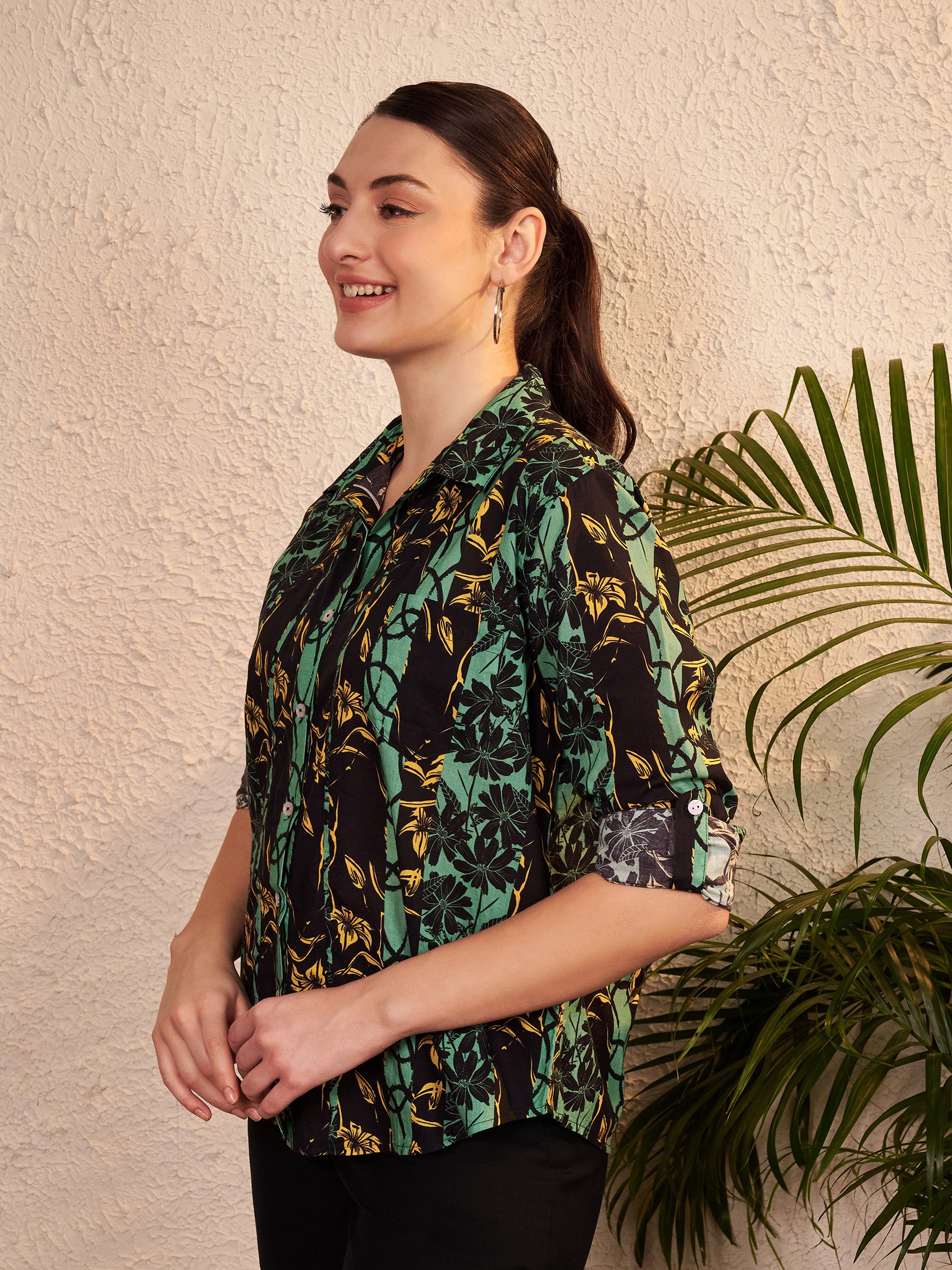 Green & Black Printed Button-Down Shirt