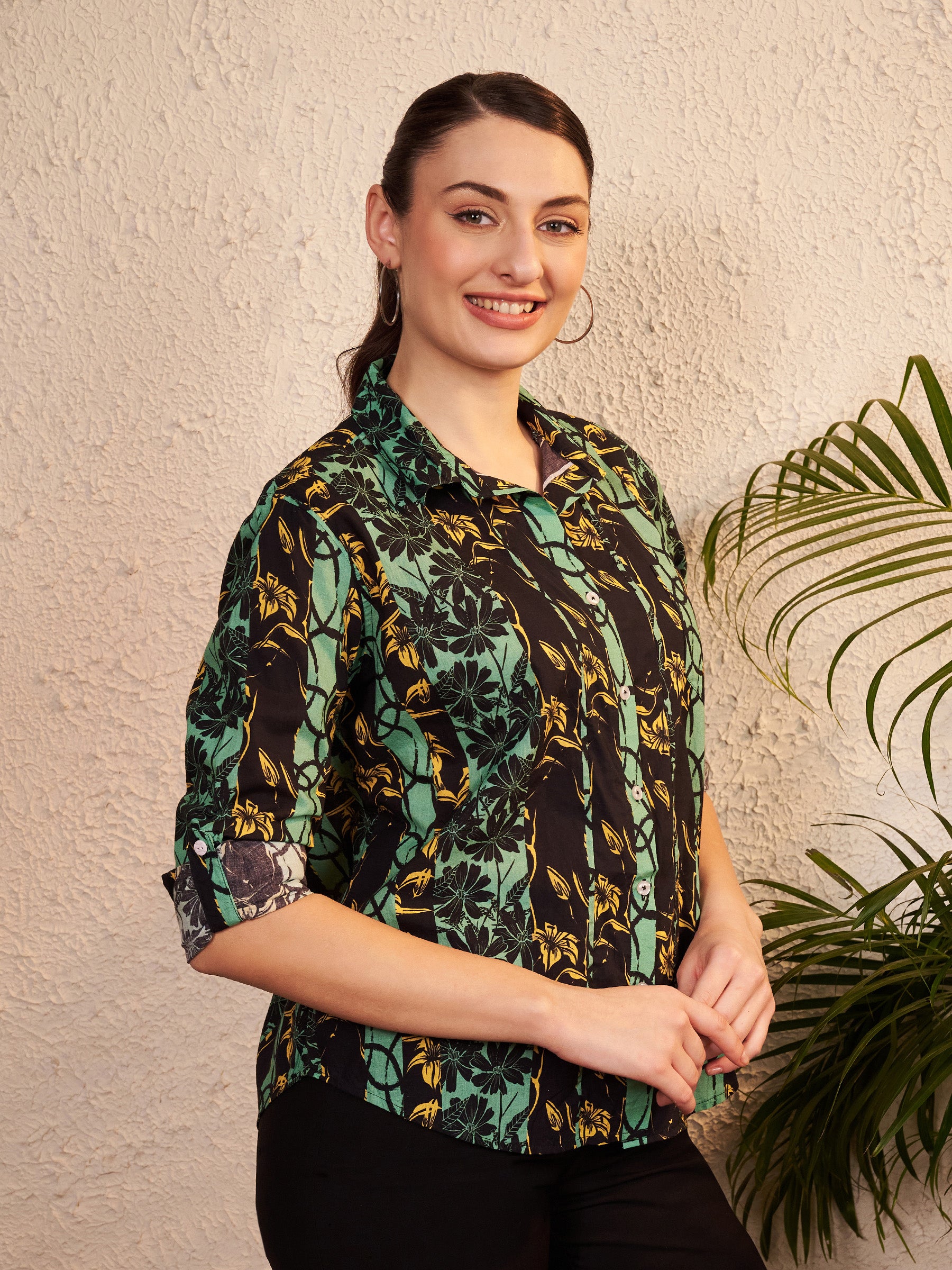 Green & Black Printed Button-Down Shirt