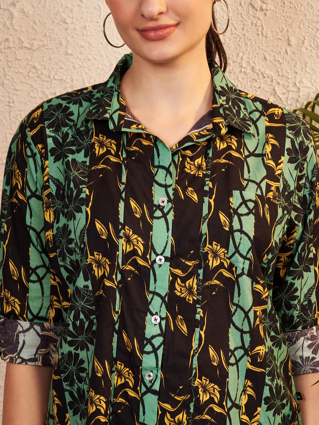 Green & Black Printed Button-Down Shirt