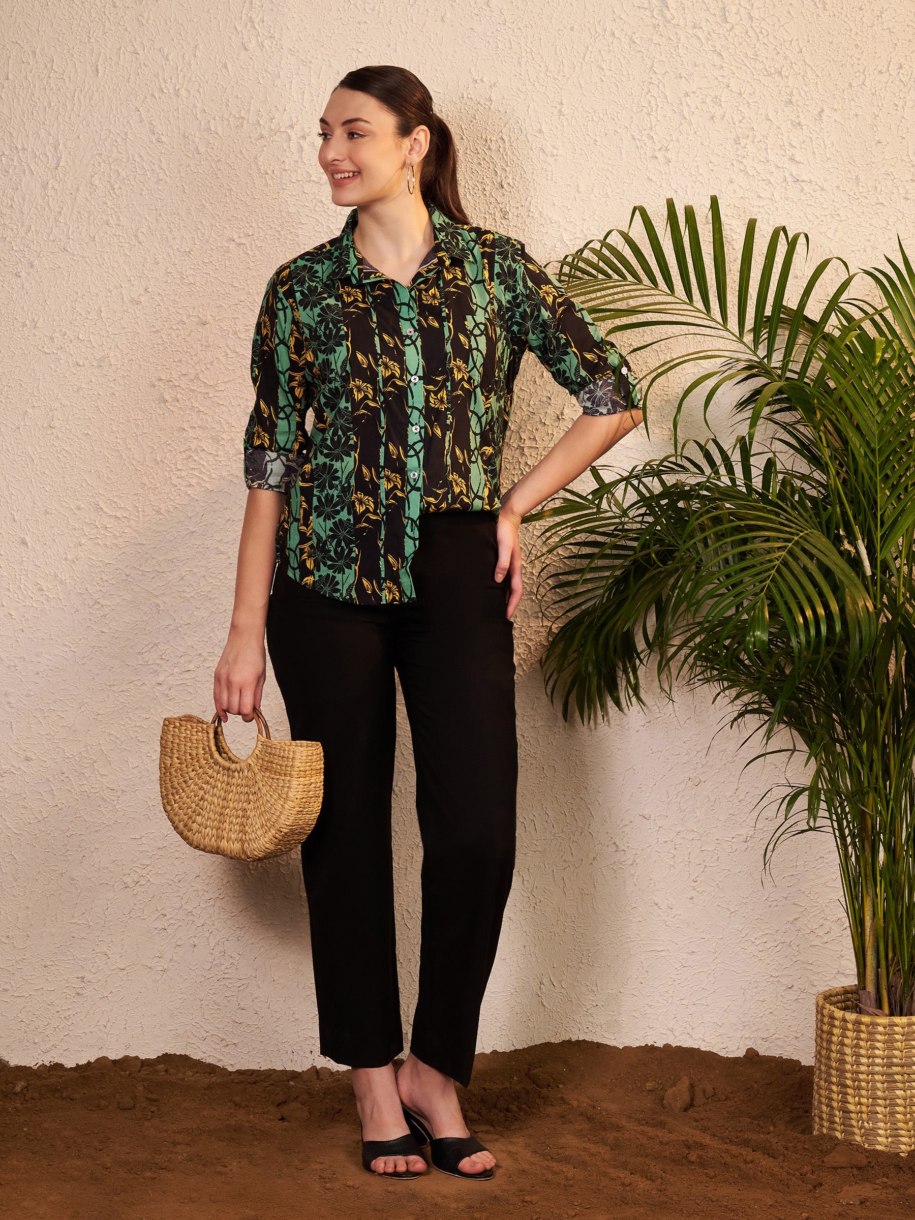 Green & Black Printed Button-Down Shirt