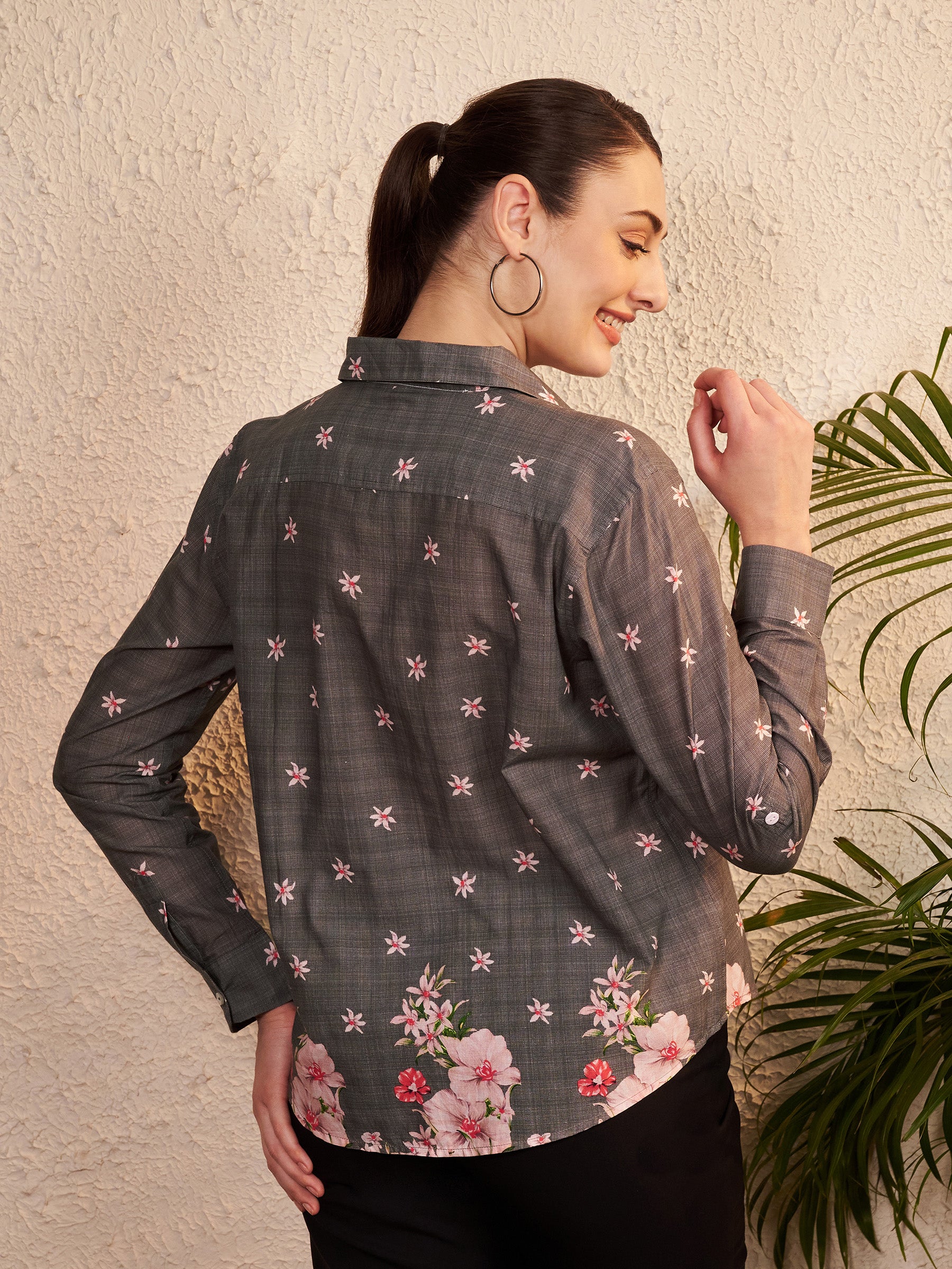 Grey Floral Printed Shirt with Contrast Stripe Placket