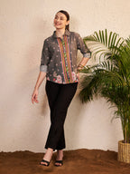 Grey Floral Printed Shirt with Contrast Stripe Placket