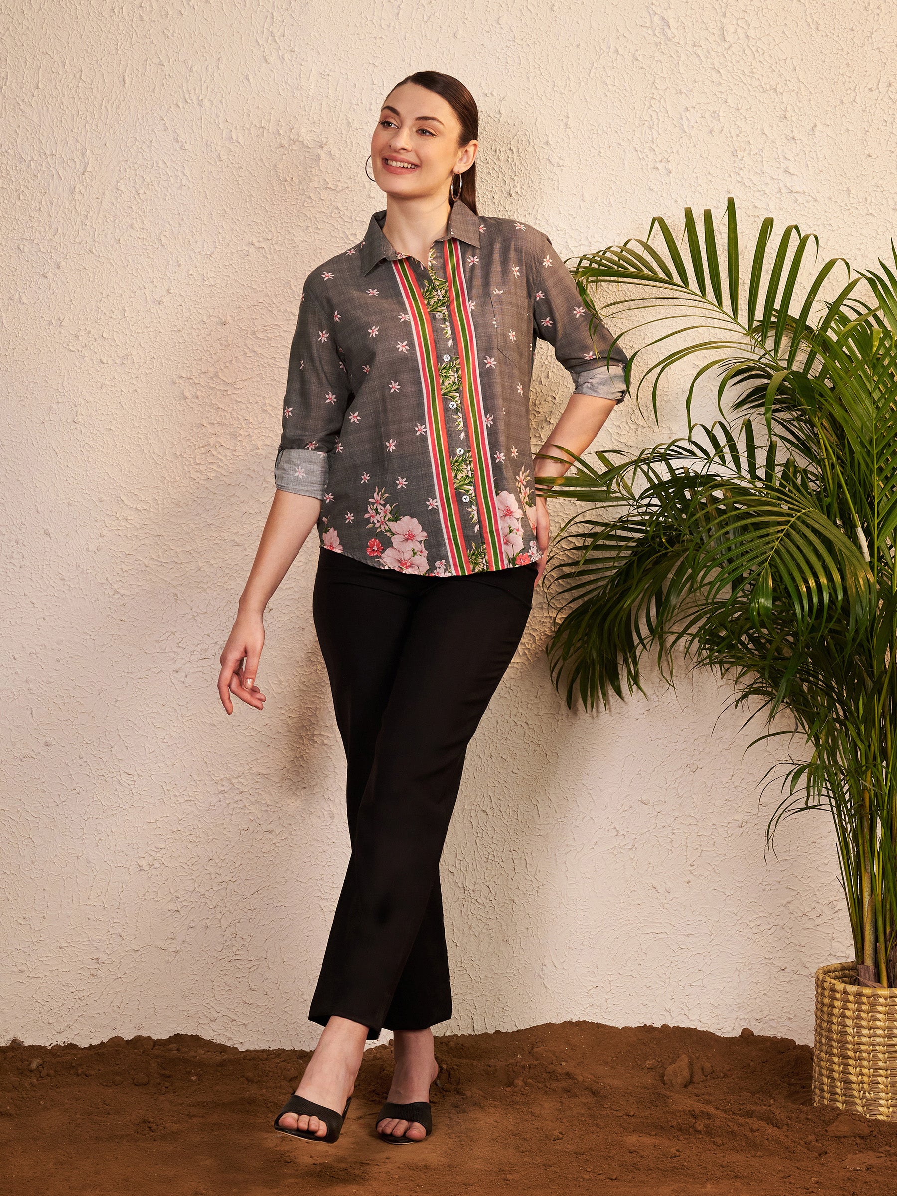 Grey Floral Printed Shirt with Contrast Stripe Placket