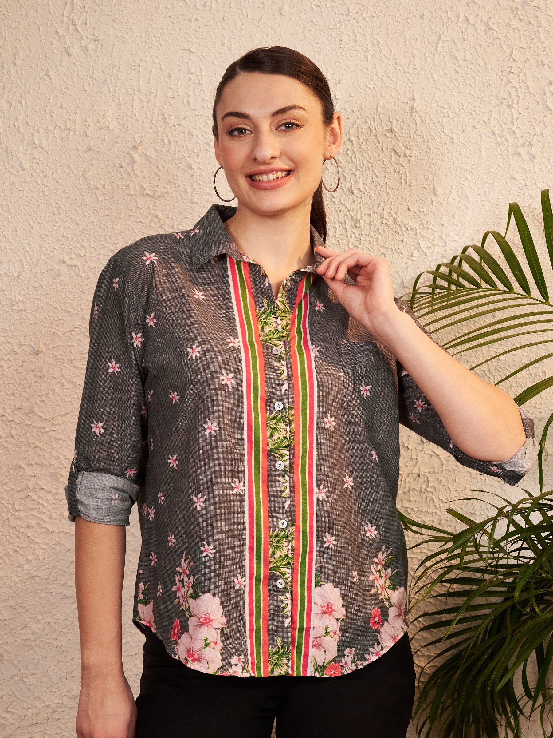 Grey Floral Printed Shirt with Contrast Stripe Placket