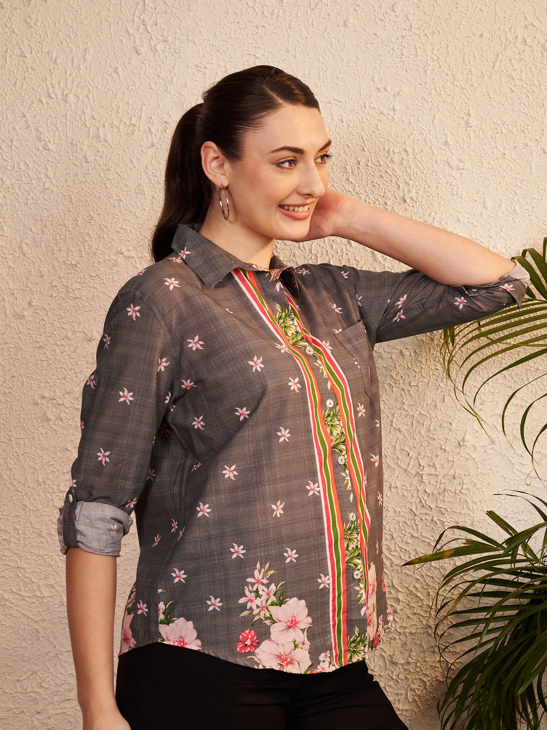 Grey Floral Printed Shirt with Contrast Stripe Placket