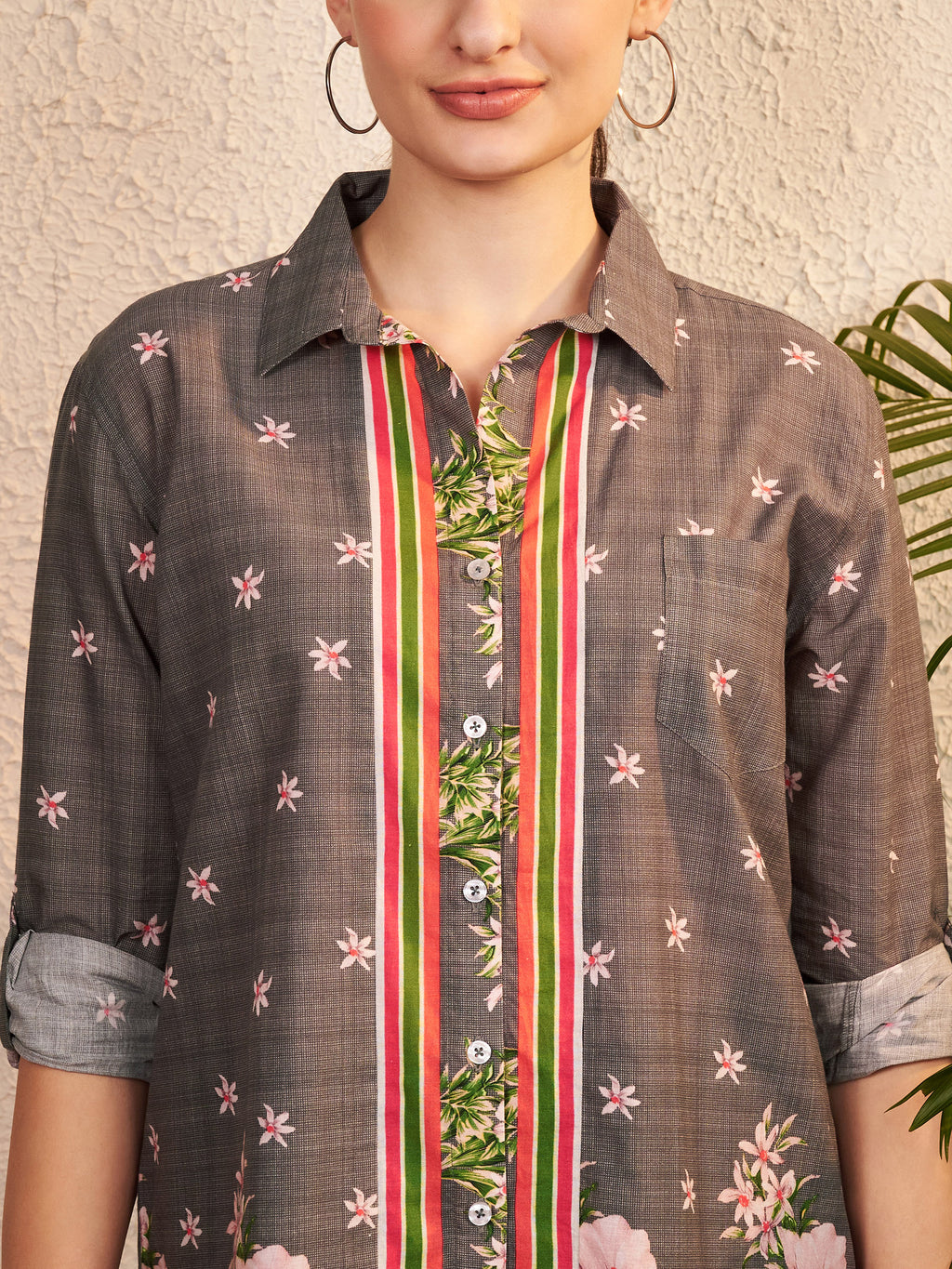 Grey Floral Printed Shirt with Contrast Stripe Placket