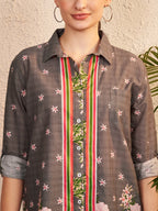 Grey Floral Printed Shirt with Contrast Stripe Placket
