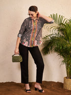 Grey Floral Printed Shirt with Contrast Stripe Placket