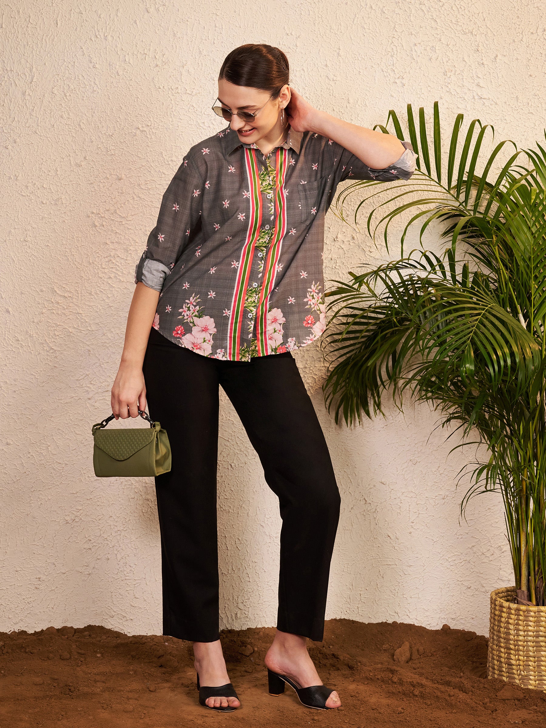 Grey Floral Printed Shirt with Contrast Stripe Placket
