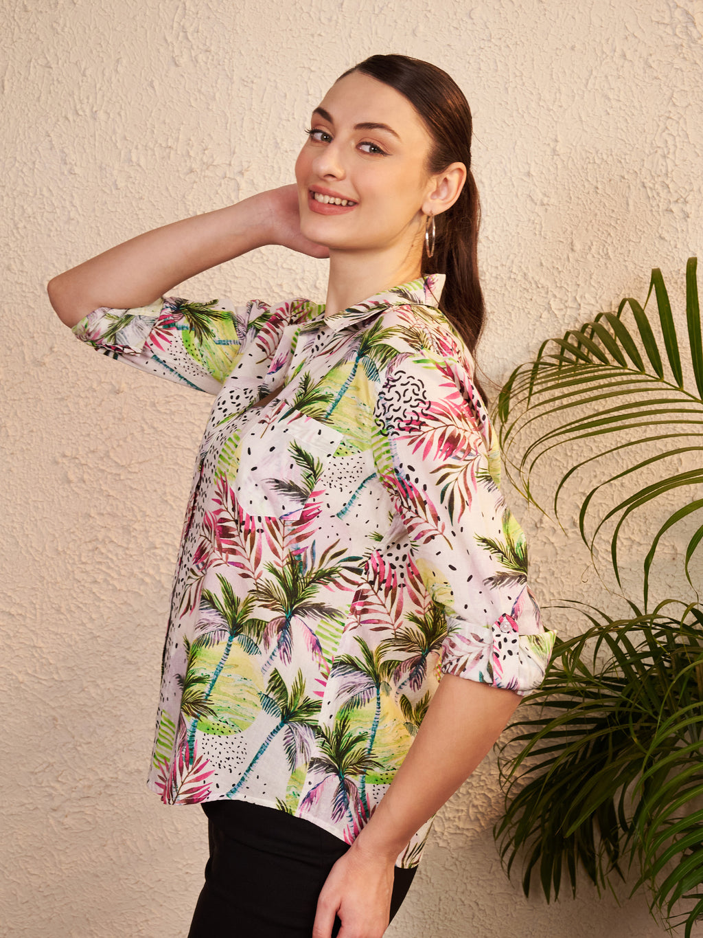 Multicolor Tropical Leaf Printed Shirt