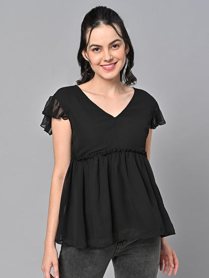 Valbone Women’s Black Georgette Solid Top With Short-Sleeves