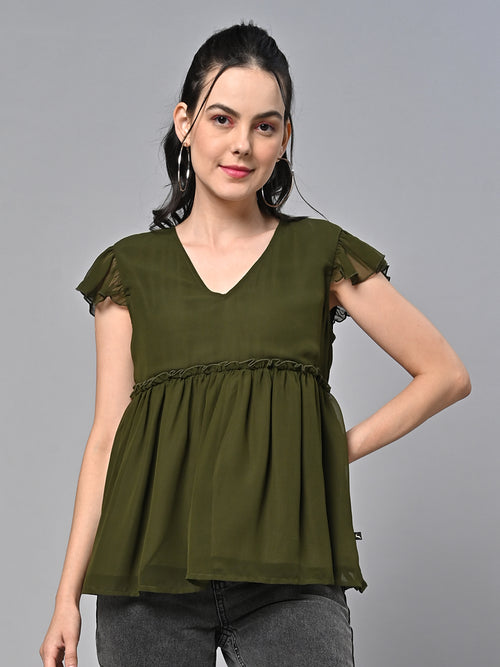 Valbone Women’s Olive Green Georgette Solid Top With Short-Sleeves