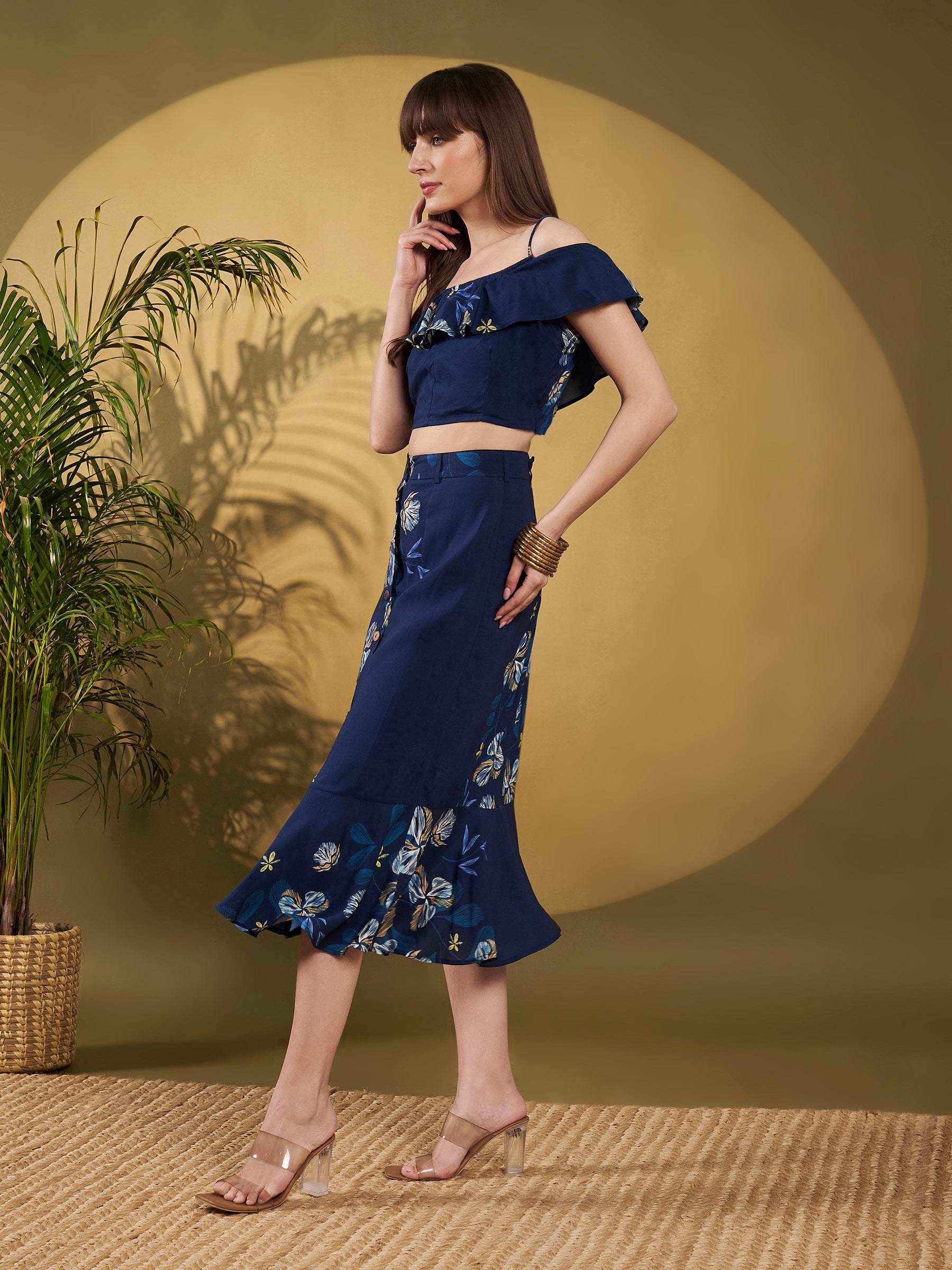 Navy Floral Ruffle Co-Ord Skirt Set
