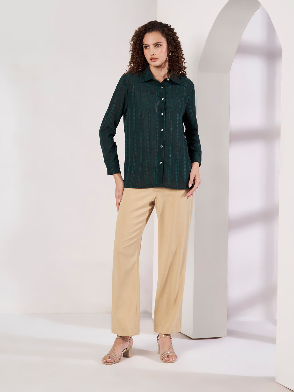 Women Dark Green Textured Regular Fit Full Sleeve Casual Shirt