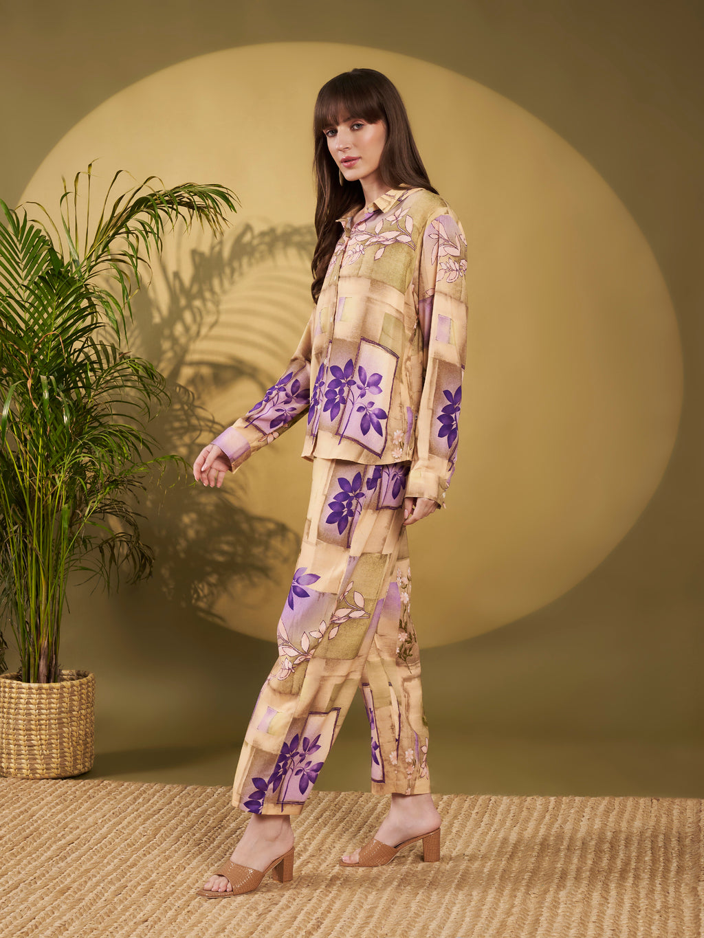 Beige & Lavender Abstract Floral Co-Ord Set