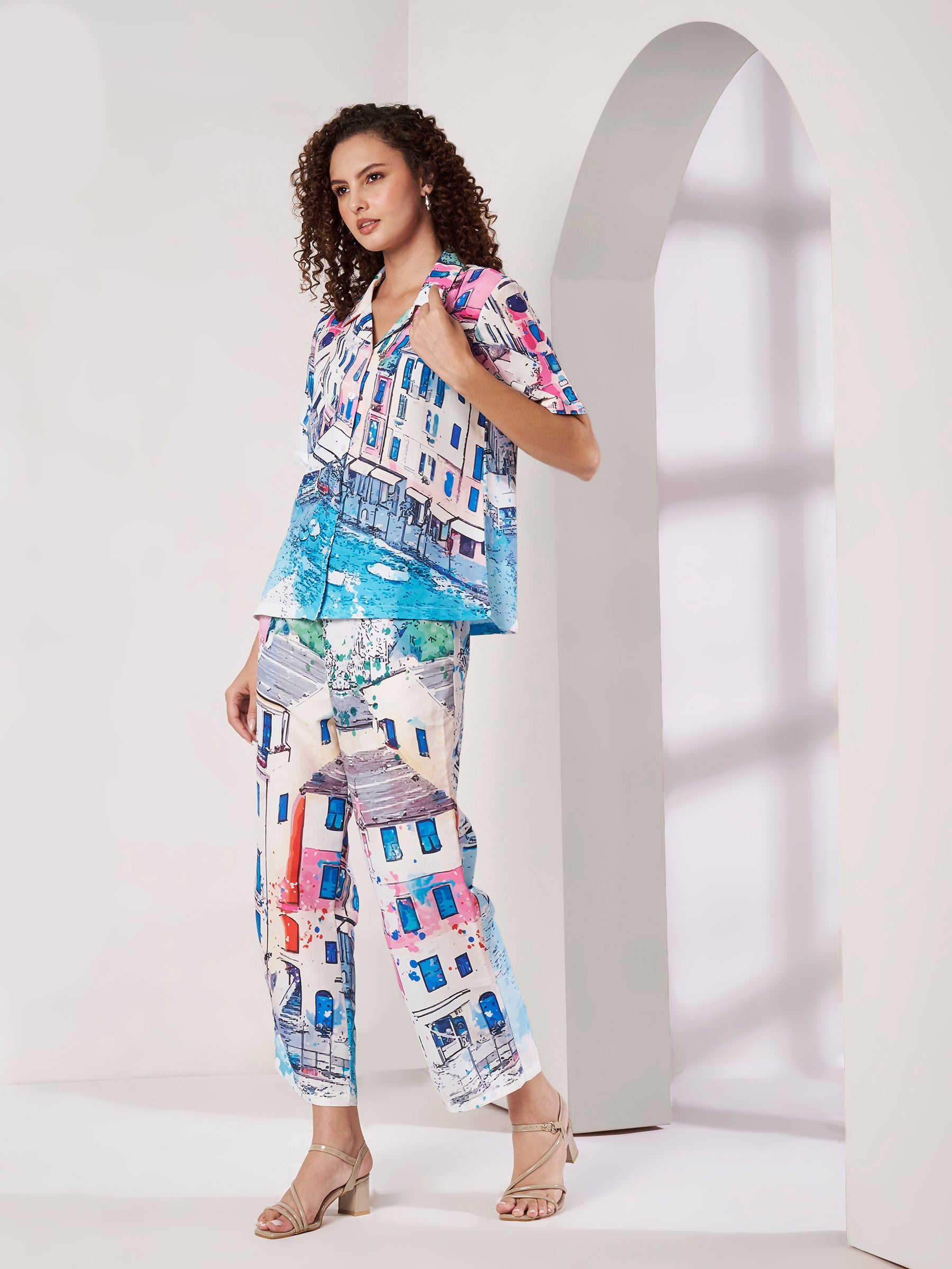 Women's Multicolor Scenic Print Shirt & Straight-Fit Pants Co-Ord Set