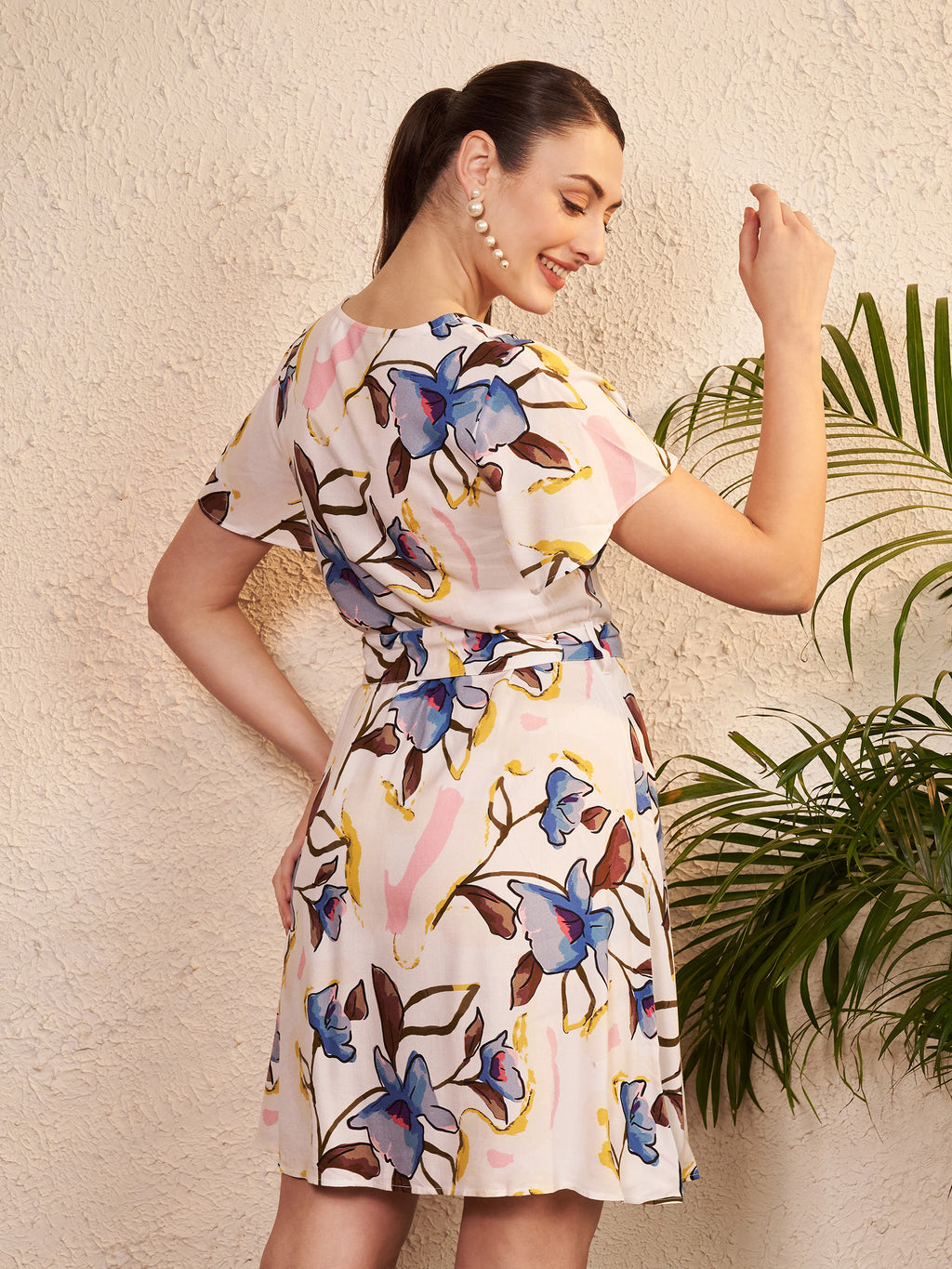 Women's White Floral Wrap Mini Dress with Waist Tie Belt