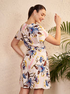 Women's White Floral Wrap Mini Dress with Waist Tie Belt