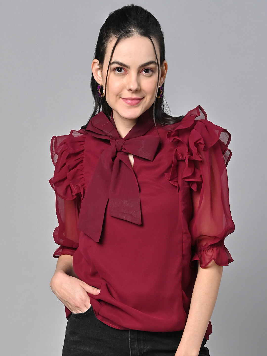 Valbone Women’s Red Georgette Floral Solid Top With Half-Sleeves