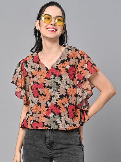 Valbone Women’s Orange Georgette Print Top Short Sleeves