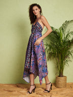 Women's Purple Floral Handkerchief Hem Midi Dress