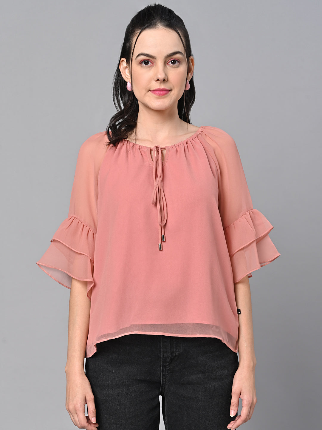 Valbone Women’s Peach Color Solid Top With Half-Sleeves