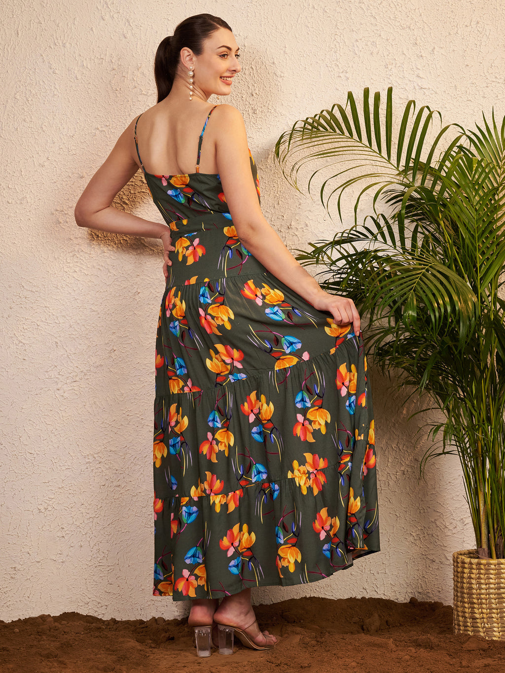 Women's Olive Green Floral Printed Tiered Maxi Dress | Sleeveless Tie-Up Waist Summer Dress