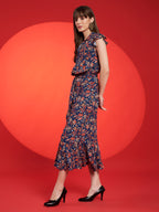 Navy Floral Belted Midi Dress
