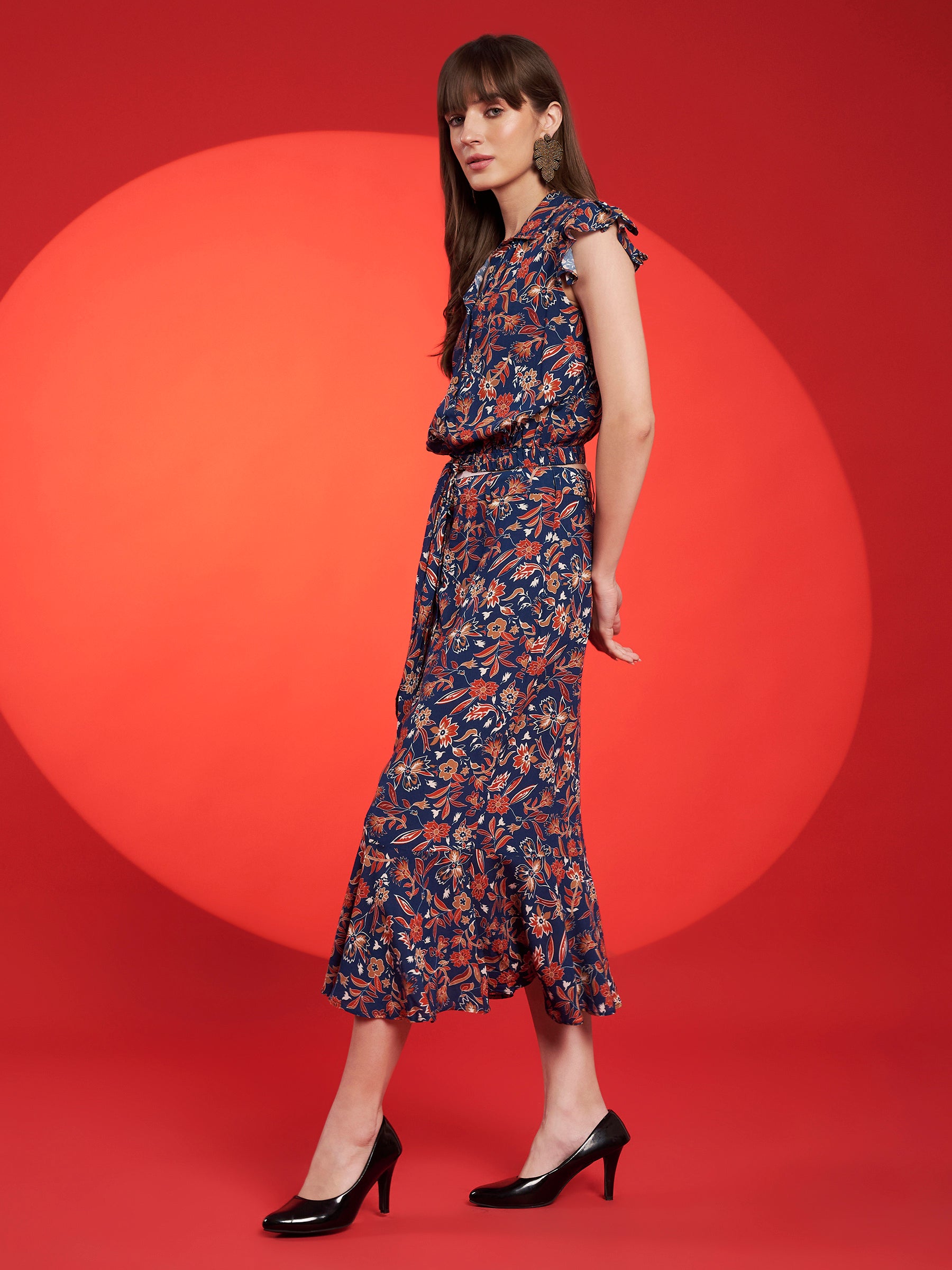 Navy Floral Belted Midi Dress