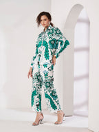 Women's White & Green Ornamental Print Shirt & Straight-Fit Pants Co-Ord Set