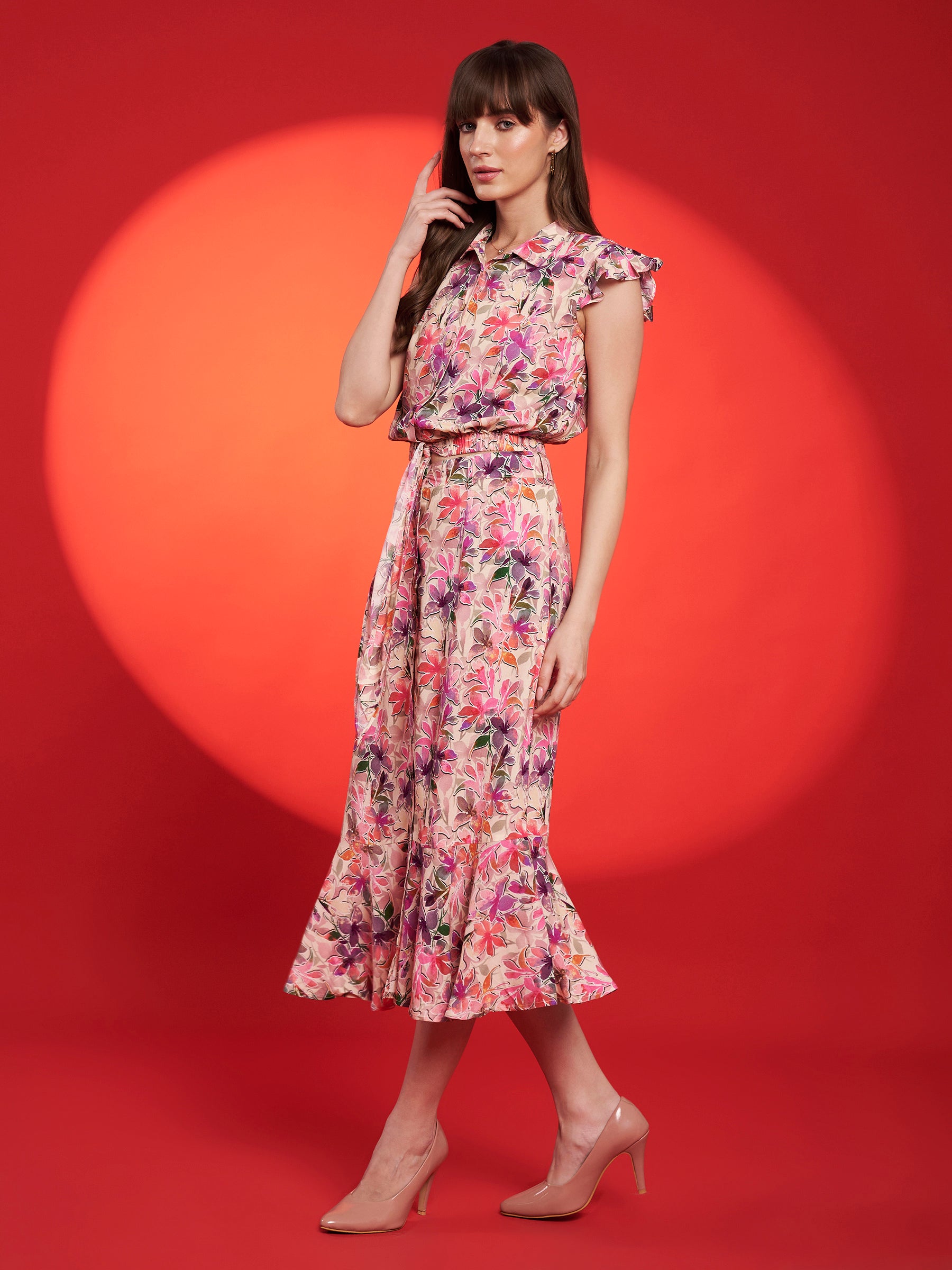 Blush Pink Floral Belted Midi Dress