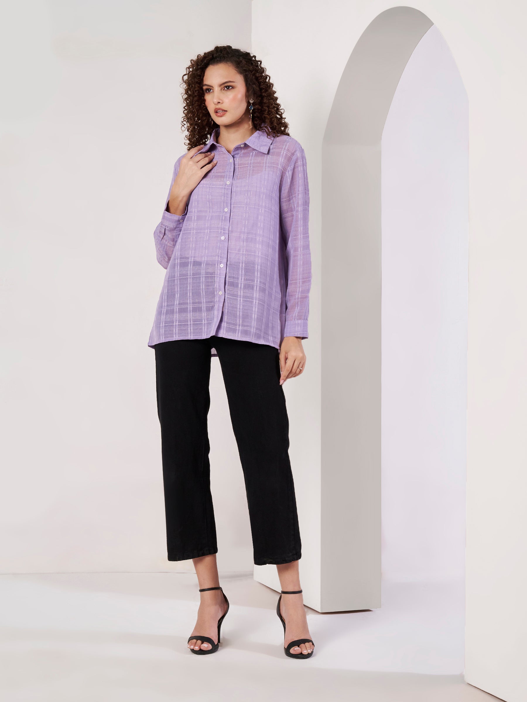 Women Lavender Checked Regular Fit Full Sleeve Casual Shirt