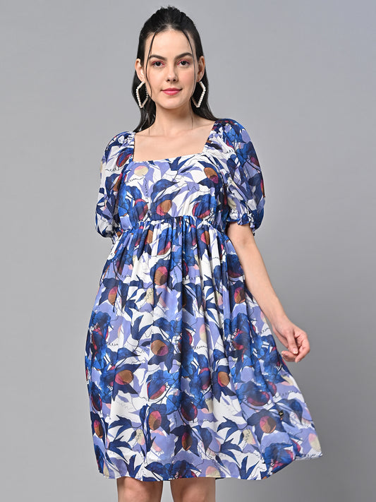 Valbone Women’s Solid Blue Colour Georgette Print Dress
