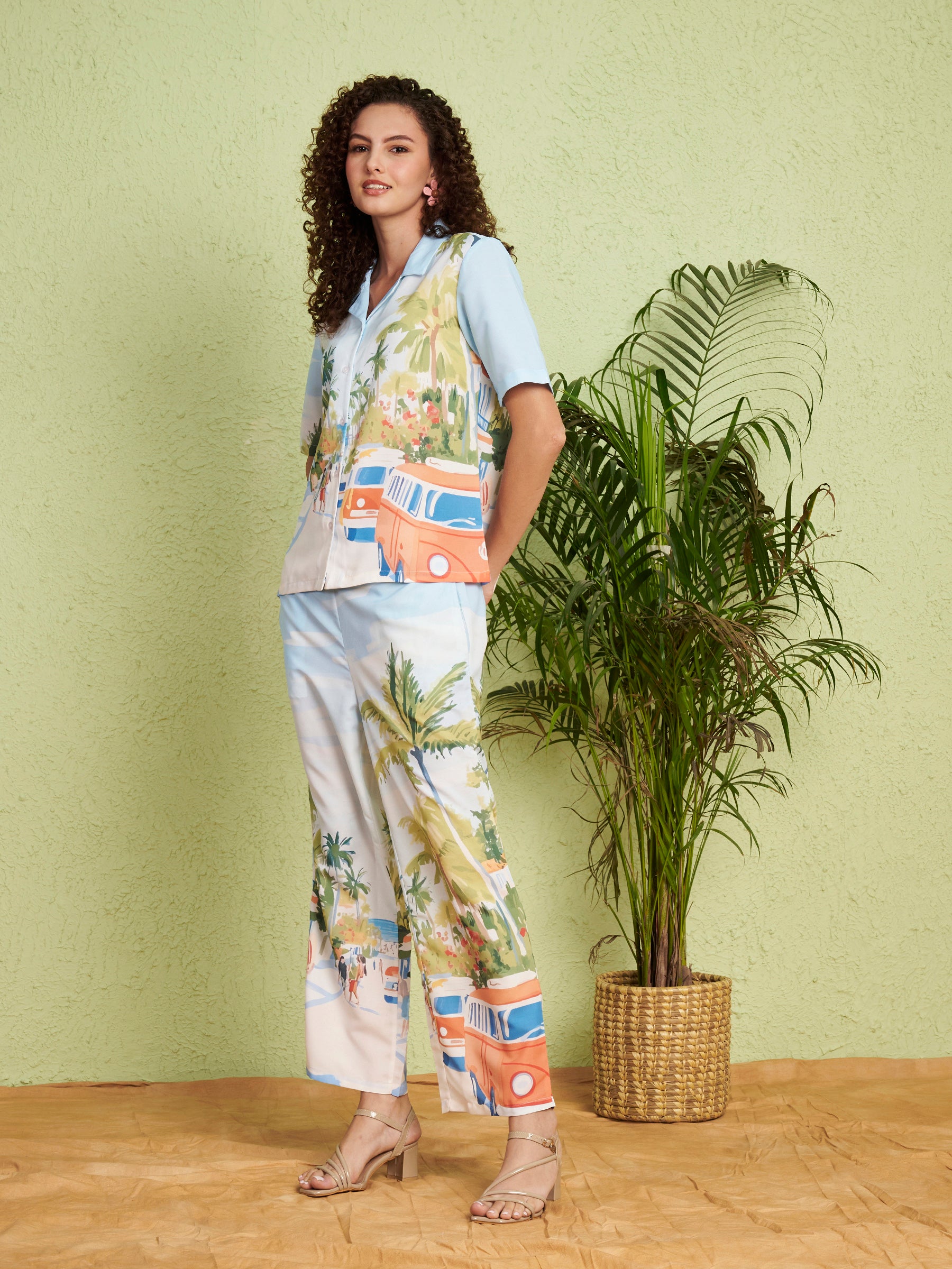 Women's Sky Blue Scenic Print Shirt & Straight-Fit Pants Co-Ord Set