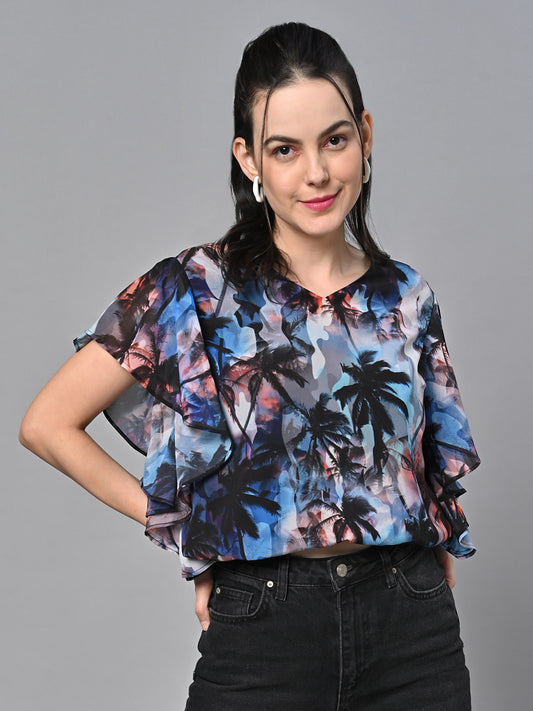 Valbone Women’s Digital Printed Georgette Top With Short-Sleeves