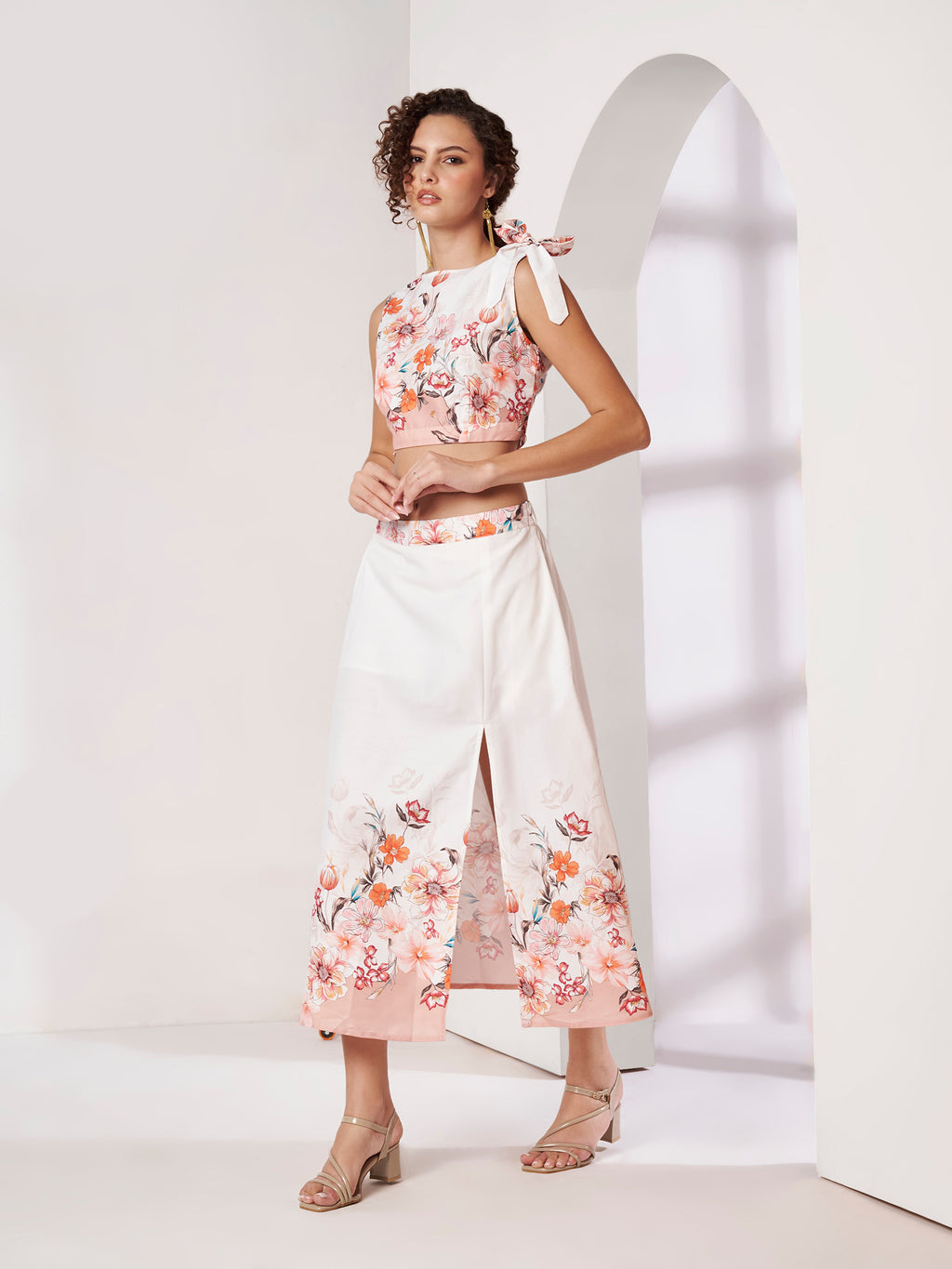 Women's White Floral Crop Top & Wrap Midi Skirt Co-Ord Set